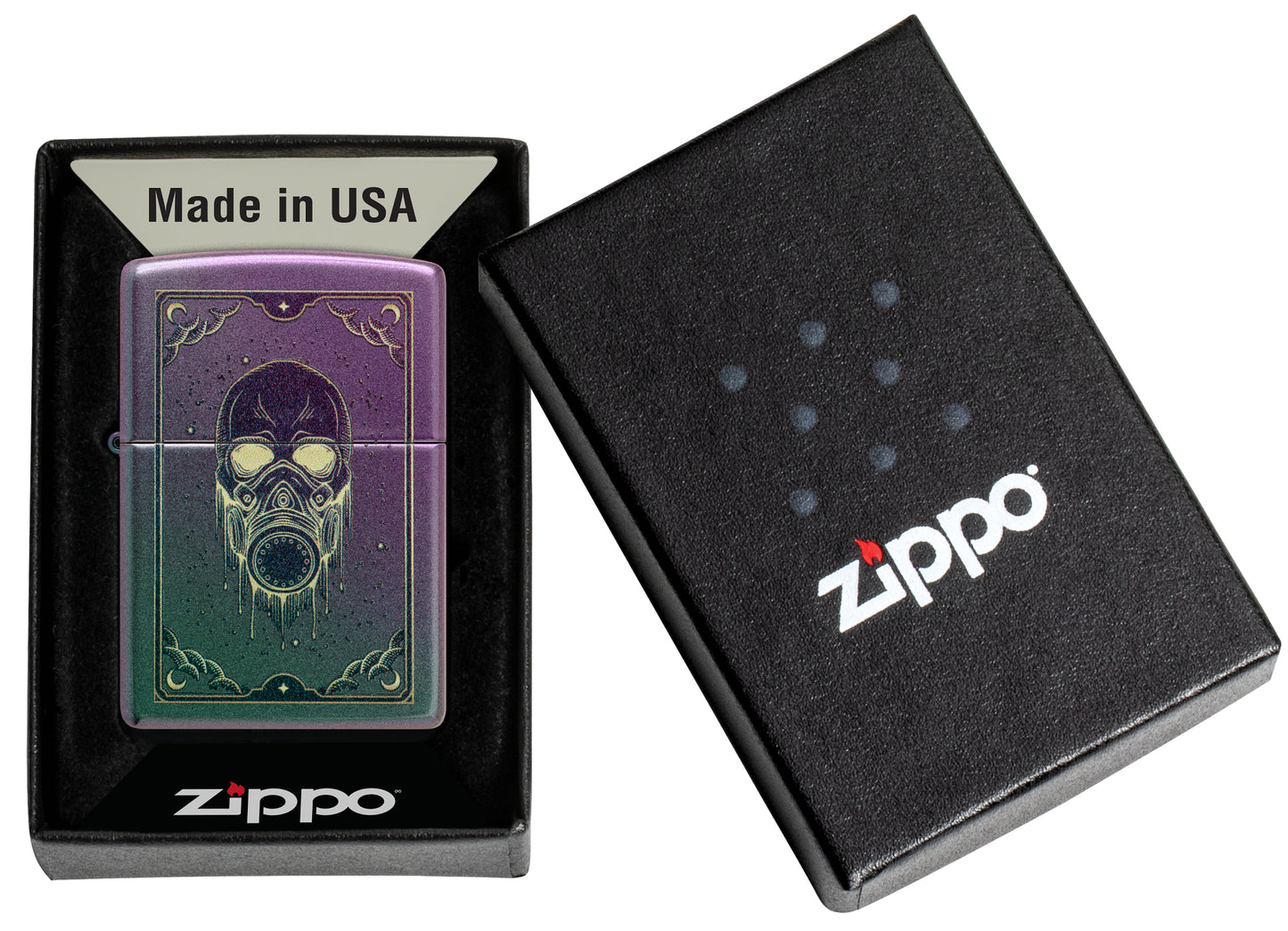 Zippo Gas Mask Design Iridescent Windproof Lighter in its packaging.