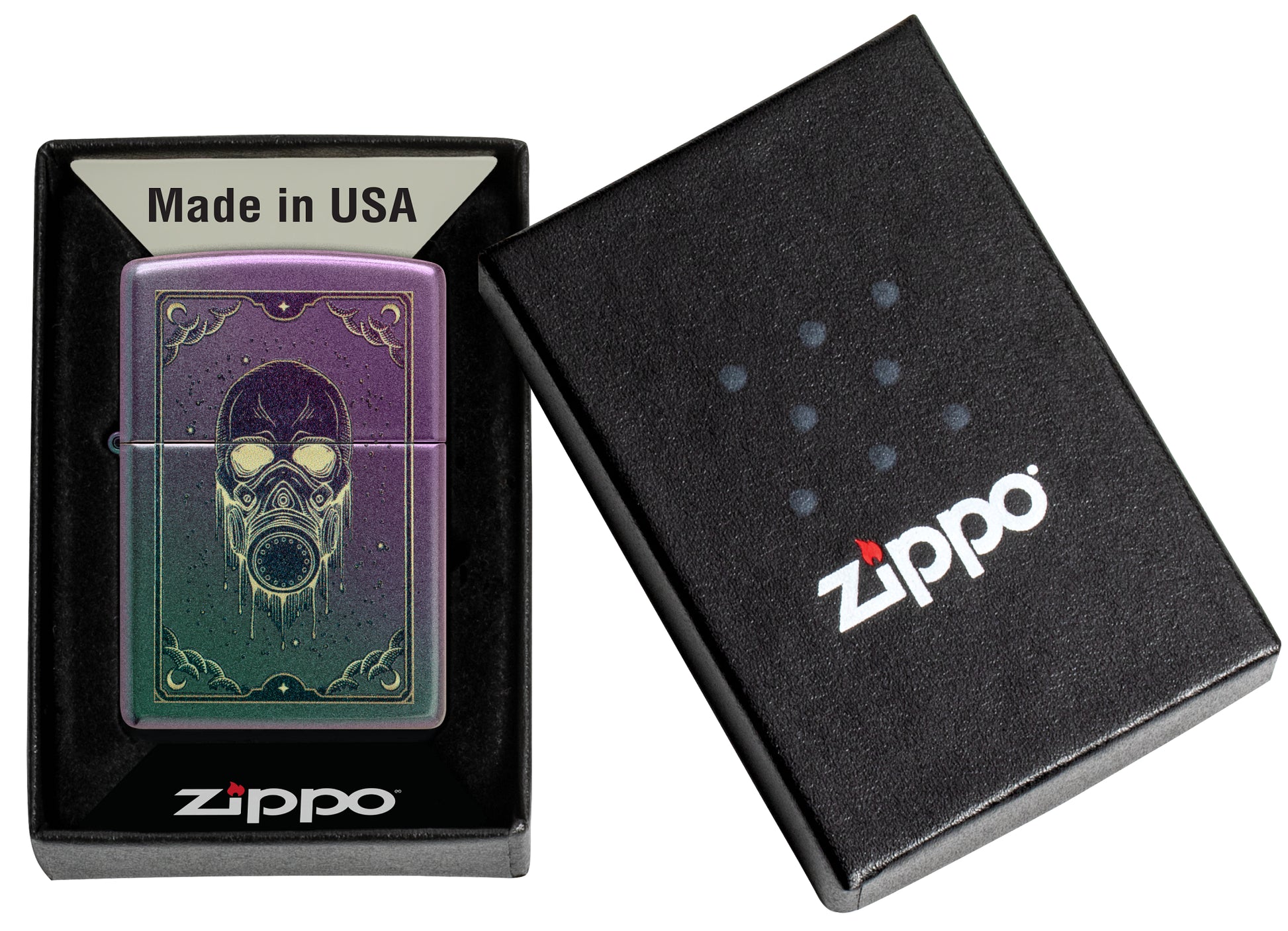 Zippo Gas Mask Design Iridescent Windproof Lighter in its packaging.