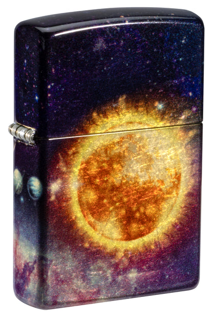 Front shot of Zippo Solar Flare Design 540 Tumbled Brass Windproof lighter standing at a 3/4 angle.