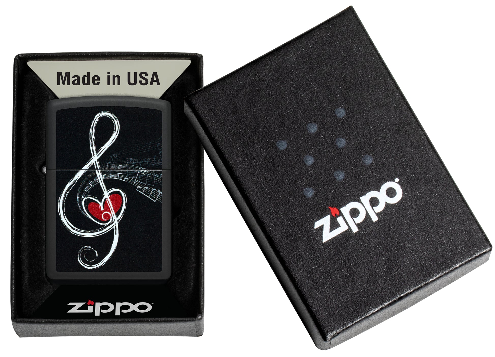 Zippo Love Clef Design Black Matte Windproof Lighter in its packaging.
