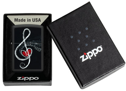 Zippo Love Clef Design Black Matte Windproof Lighter in its packaging.