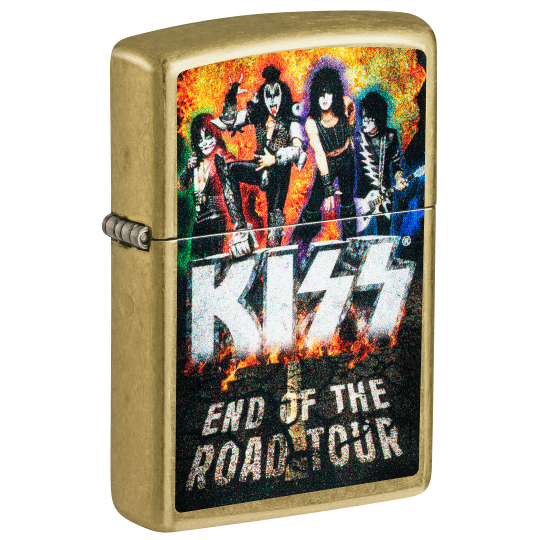 Front shot of Zippo KISS® End of the Road Design Street Brass Windproof Lighter standing at a 3/4 angle.