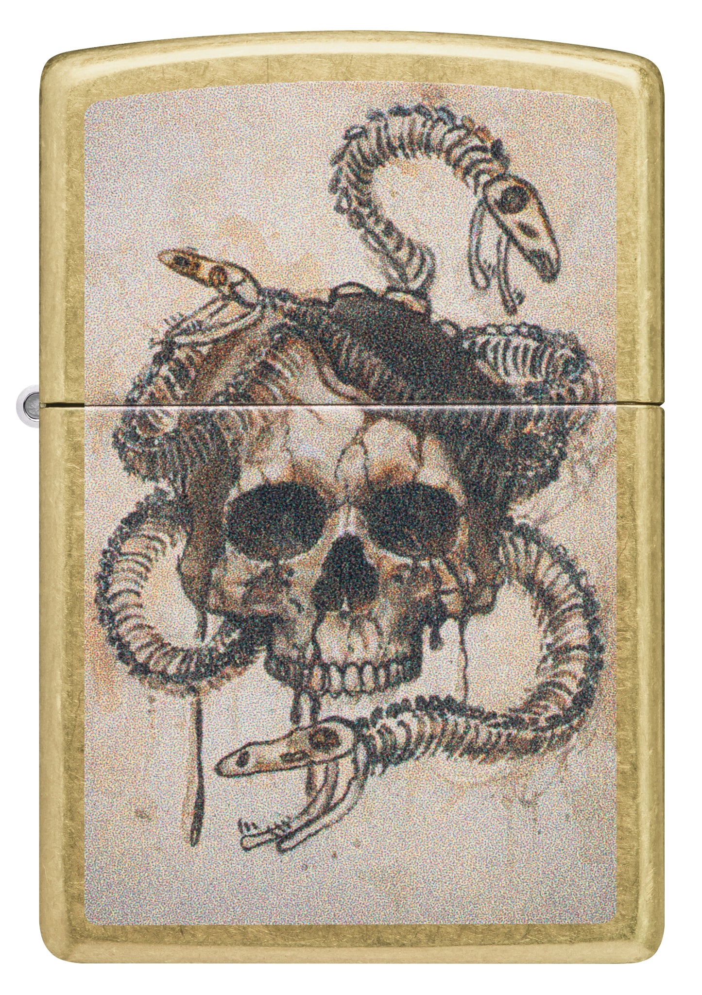 Front view of Zippo Skull and Snakebones Design Street Brass Windproof Lighter.