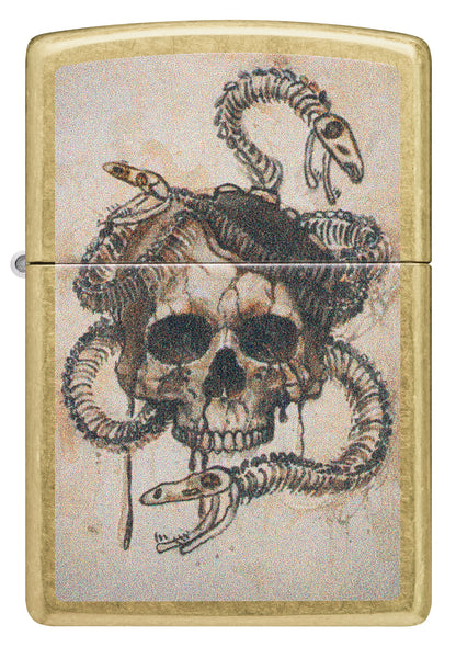 Front view of Zippo Skull and Snakebones Design Street Brass Windproof Lighter.