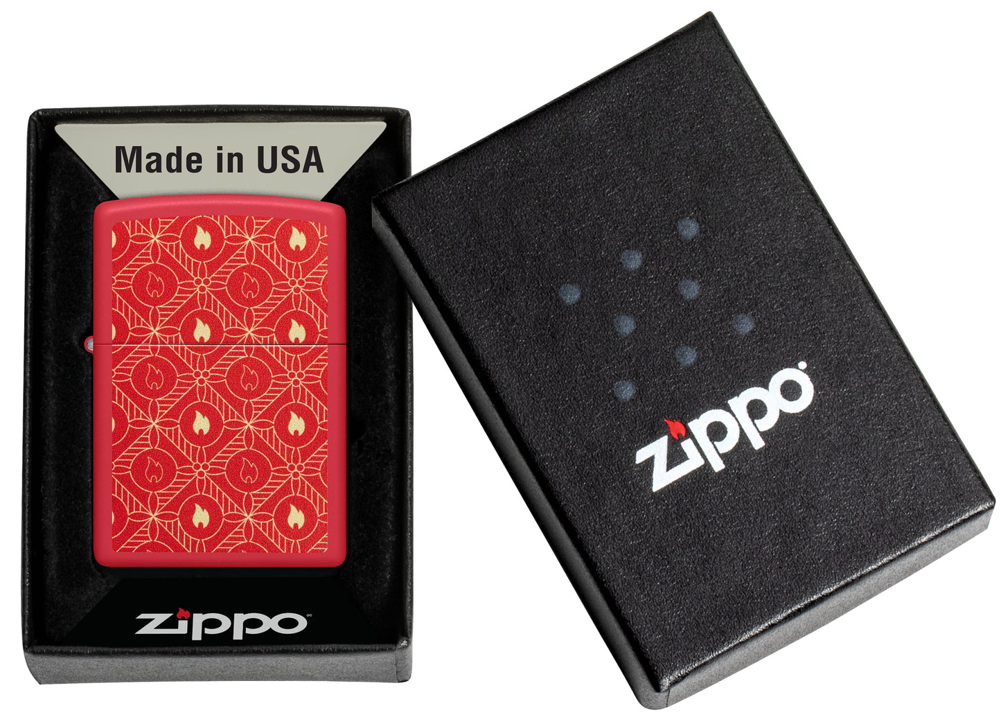 Zippo Festive Flame Design Red Matte Windproof Lighter in its packaging.