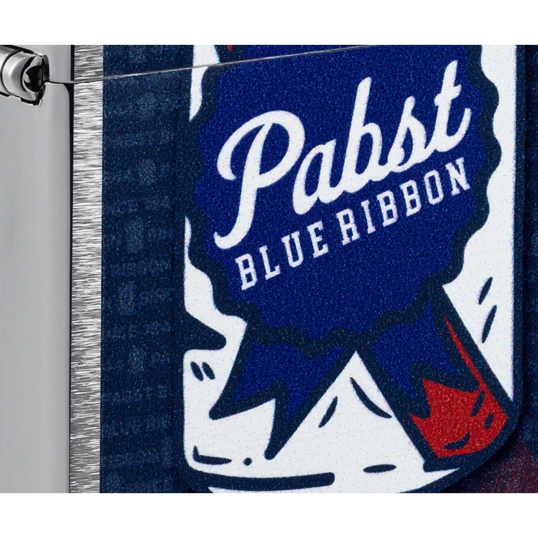 Front view of Zippo Pabst Blue Ribbon® Can Art Design Brushed Chrome Windproof Lighter close up to show the detail of the lighter.