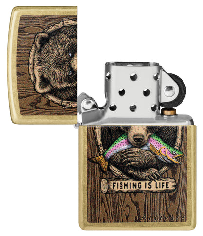 Zippo Rietveld Fishing is Life Design with its lid open and unlit.