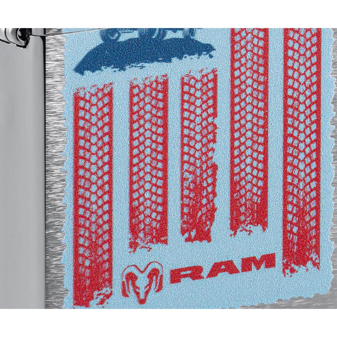 Front view of Zippo RAM Flag Design Brushed Chrome Windproof Lighter close up to show the detail of the lighter.