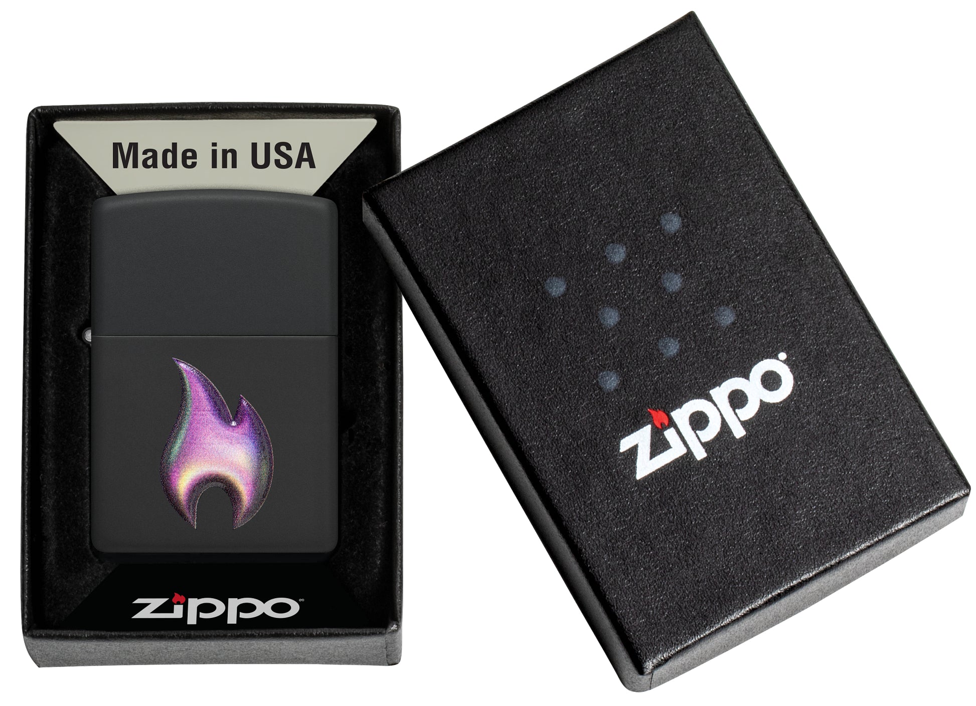 Zippo Texture Flame Design Black Matte Windproof Lighter in its packaging.
