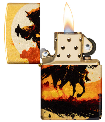Zippo Racing Wrangler Design 540 Tumbled Brass Windproof Lighter with its lid open and lit.