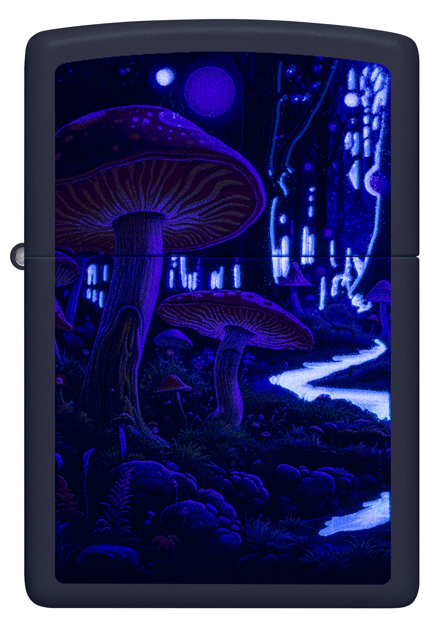 Front view of Zippo Black Light Mushroom Design Navy Matte Windproof Lighter glowing under a black light.