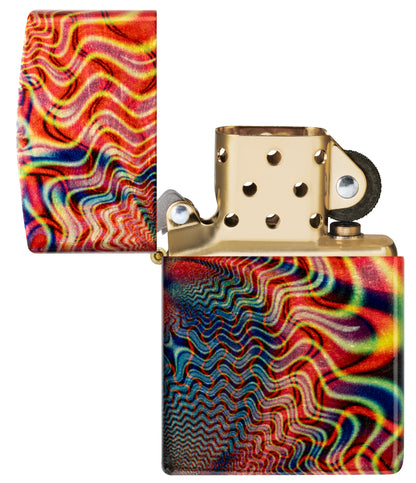 Zippo Fusion Waves Design 540 Tumbled Brass Windproof Lighter with its lid open and unlit.