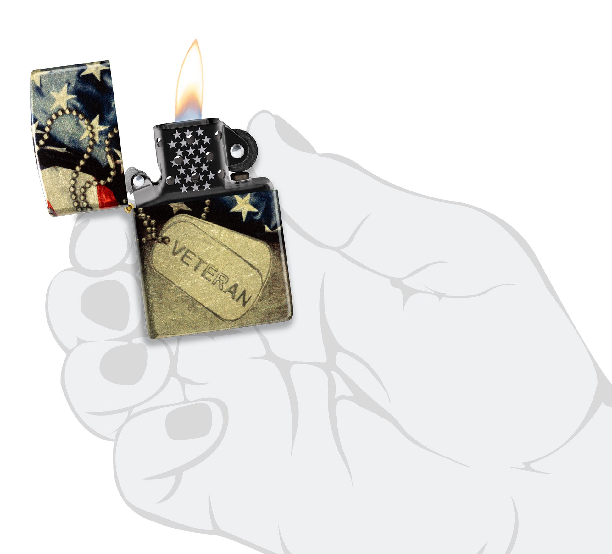 Zippo Veterans Commemorative 540 Tumbled Brass Windproof Lighter lit in hand.