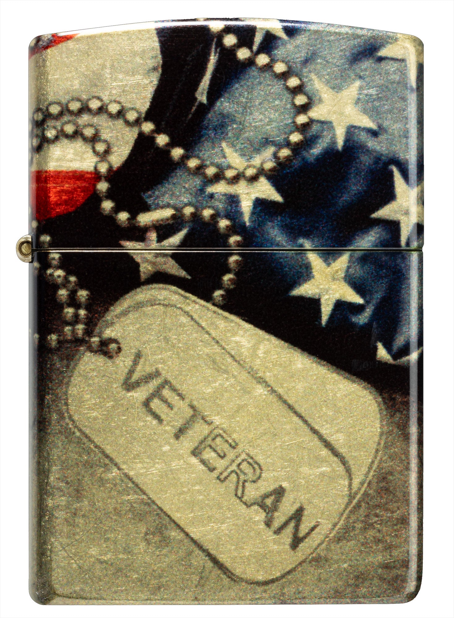 Back shot of Zippo Veterans Commemorative 540 Tumbled Brass Windproof Lighter standing at a 3/4 angle.