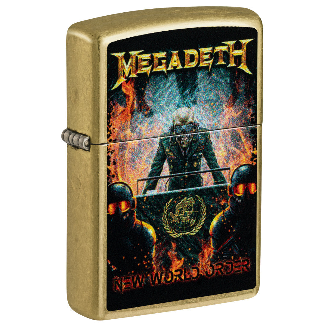 Front shot of Zippo Megadeth New World Order Design Street Brass Windproof Lighter standing at a 3/4 angle.