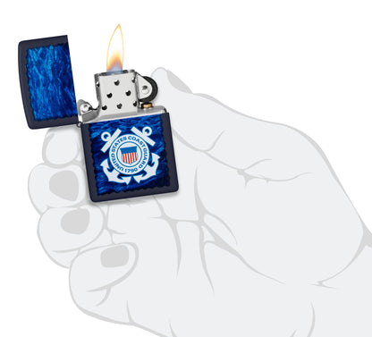 Zippo U.S. Coast Guard Waves Design Navy Matte Windproof Lighter lit in hand.