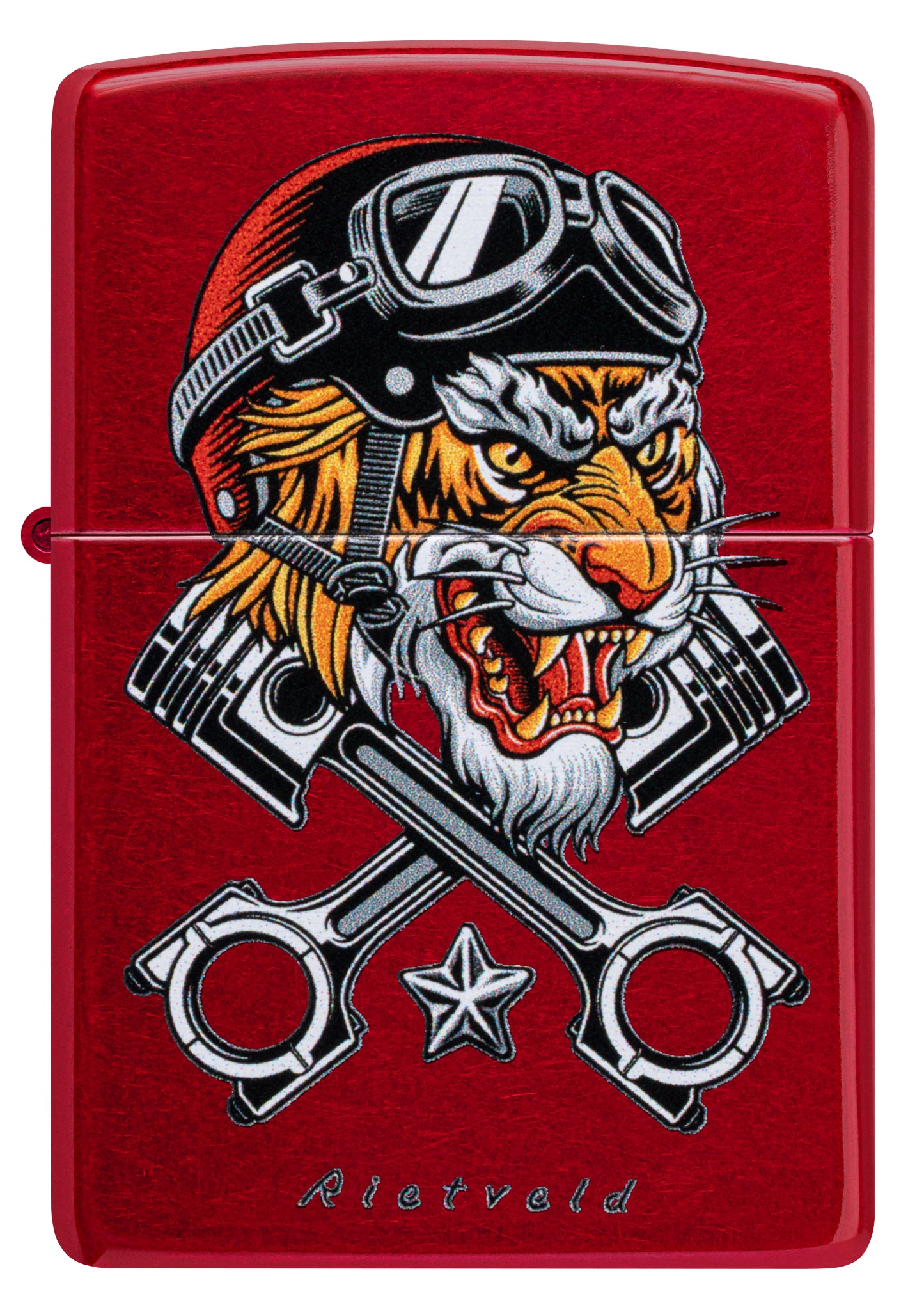 Front view of Zippo Rietveld Tiger Design Candy Apple Red Windproof Lighter.