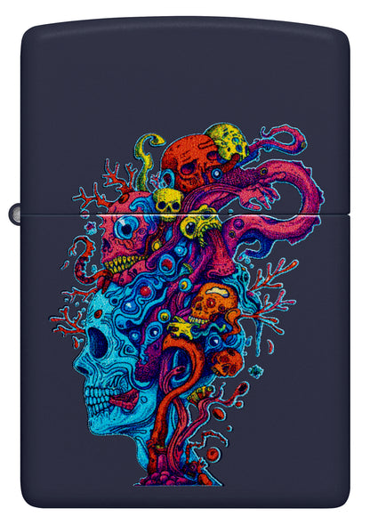 Front view of Zippo Skull Reef Design Navy Matte Windproof Lighter.