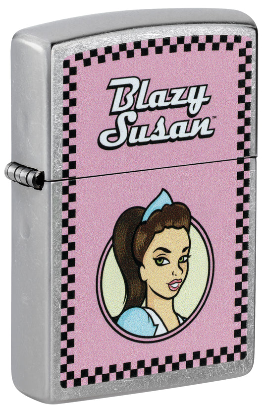 Front shot of Zippo Blazy Susan™ Checker Design Street Chrome Windproof Lighter standing at a 3/4 angle.