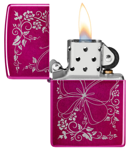 Zippo Butterfly Bliss Design Candy Raspberry Windproof Lighter with its lid open and lit.