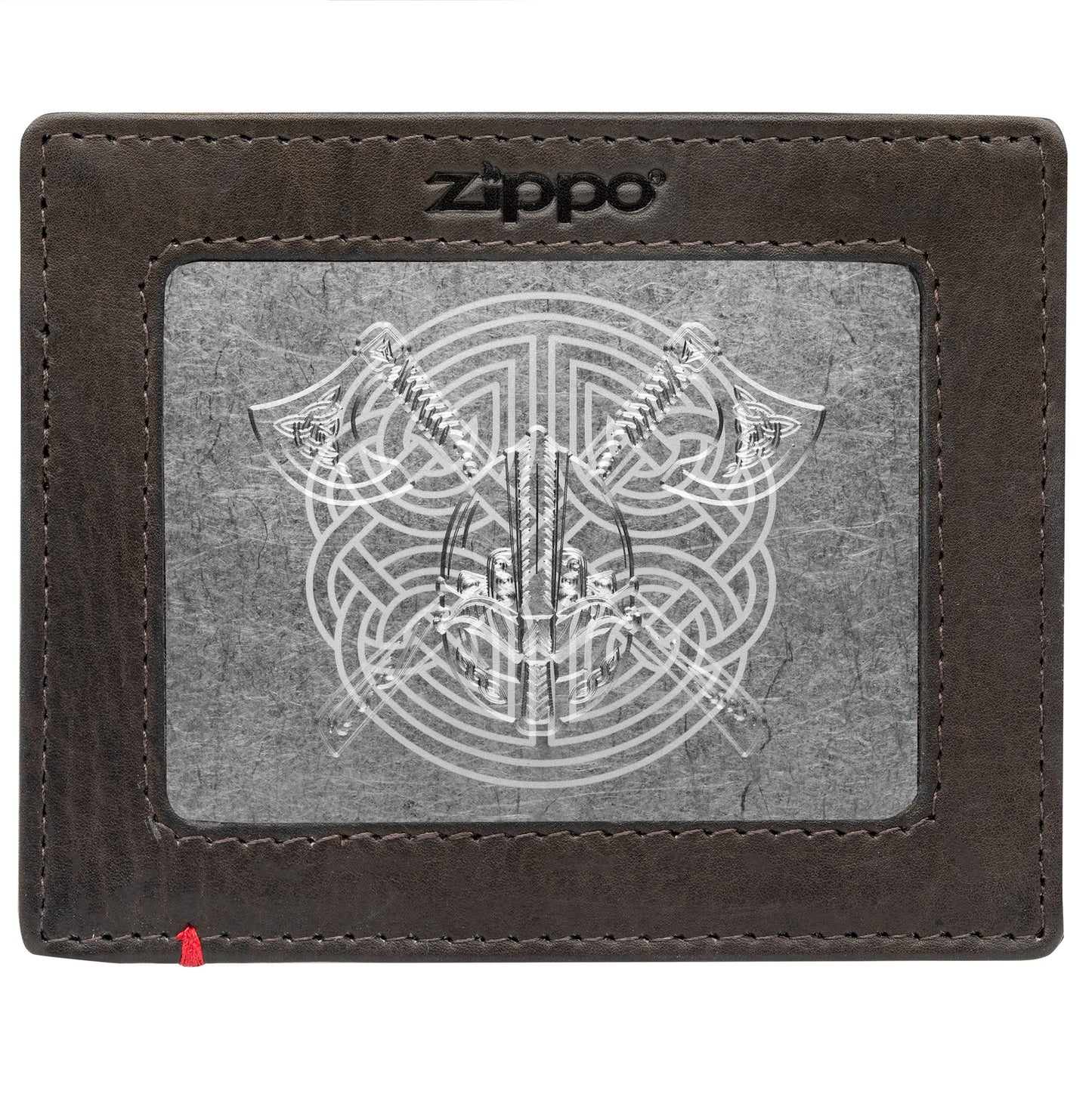 Front of mocha Leather Wallet With Viking Metal Plate - ID Window