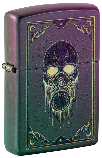 Front shot of Zippo Gas Mask Design Iridescent Windproof Lighter standing at a 3/4 angle.