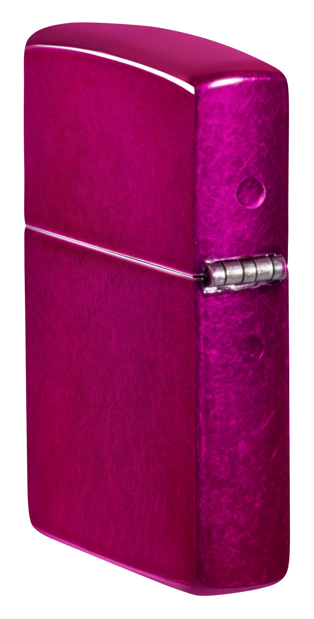 Angled shot of  Zippo Classic Candy Raspberry Windproof Lighter showing the back and hinge sides of the lighter.