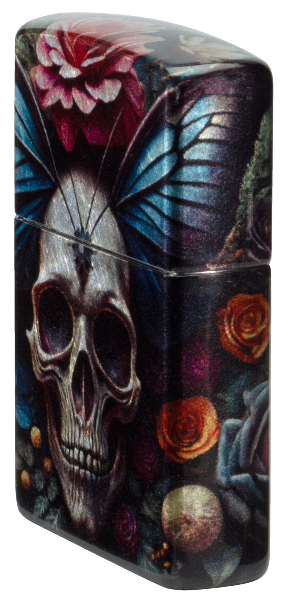Angled shot of  Zippo Butterfly Skull Design 540 Tumbled Chrome Windproof Lighter  showing the front and right sides of the lighter.
