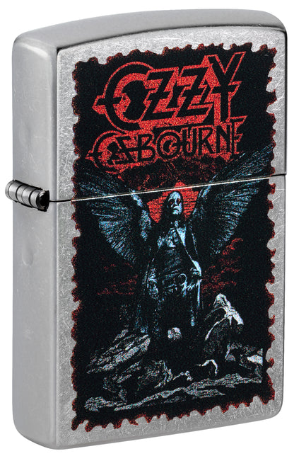 Front shot of Zippo Ozzy Osbourne Angel Wings Design Street Chrome Windproof Lighter standing at a 3/4 angle.
