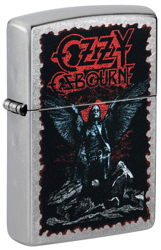 Front shot of Zippo Ozzy Osbourne Angel Wings Design Street Chrome Windproof Lighter standing at a 3/4 angle.