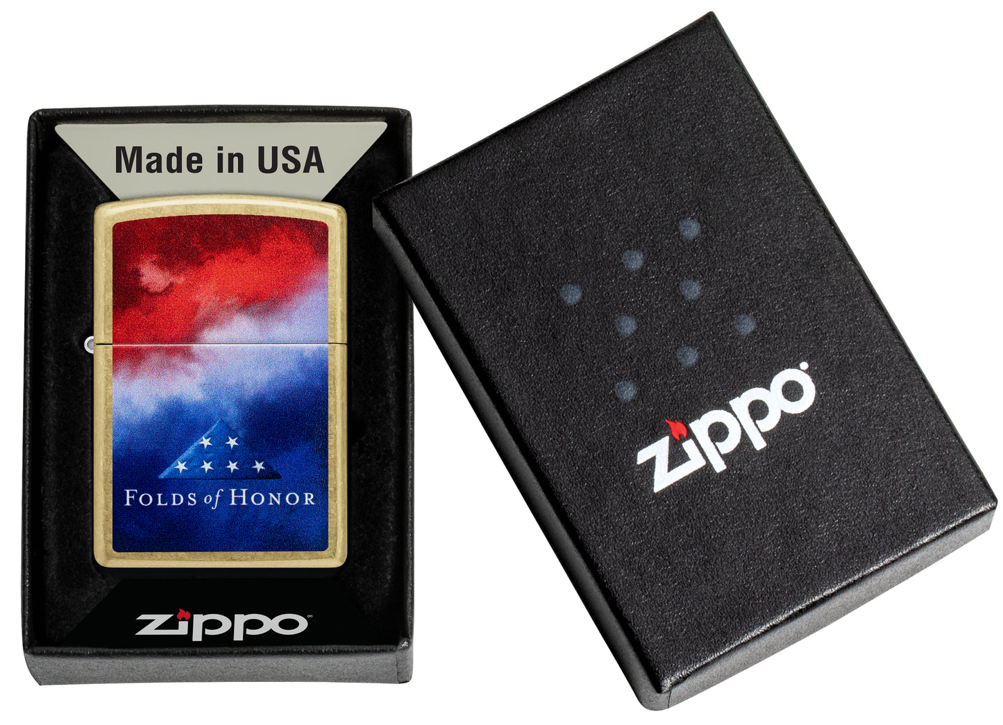 Zippo Folds of Honor Clouds Design Street Brass Windproof Lighter in its packaging.