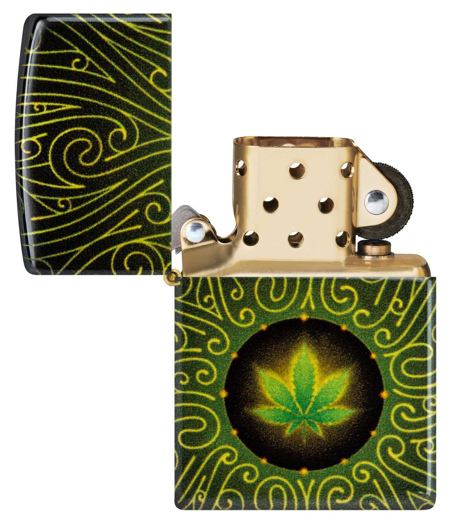 Zippo Cannabis Maze Design 540 Tumbled Brass Windproof Lighter with its lid open and unlit.