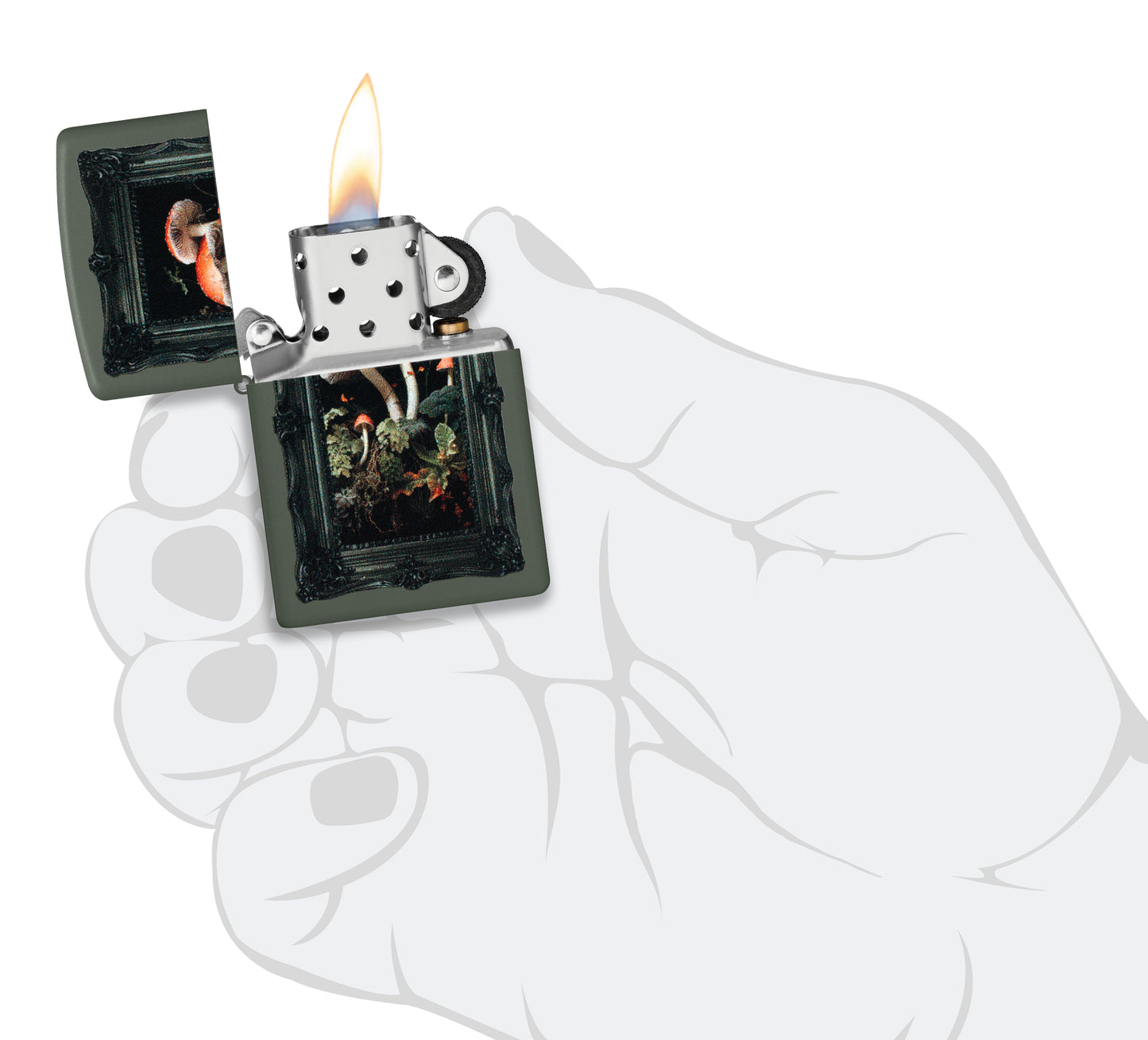Zippo Framed Fungi Design Green Matte Windproof Lighter lit in hand.