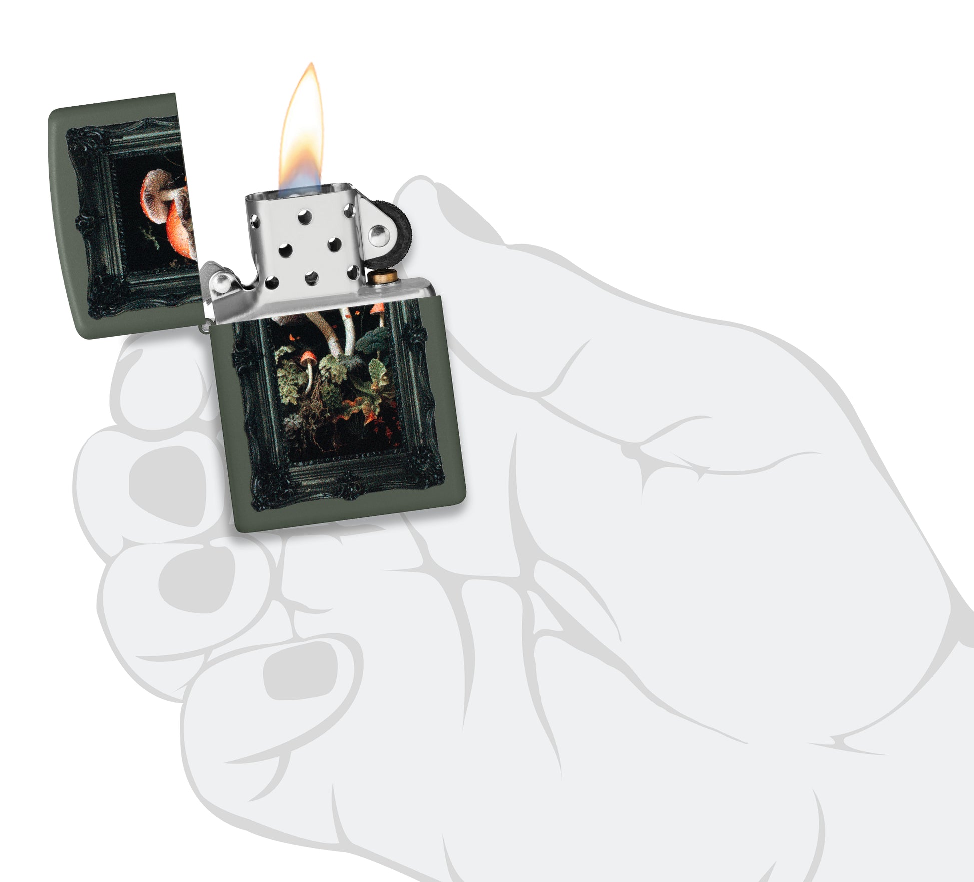 Zippo Framed Fungi Design Green Matte Windproof Lighter lit in hand.