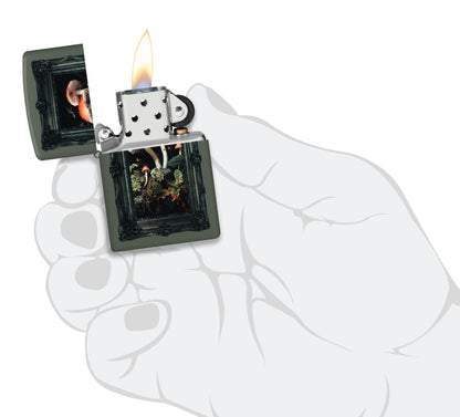 Zippo Framed Fungi Design Green Matte Windproof Lighter lit in hand.
