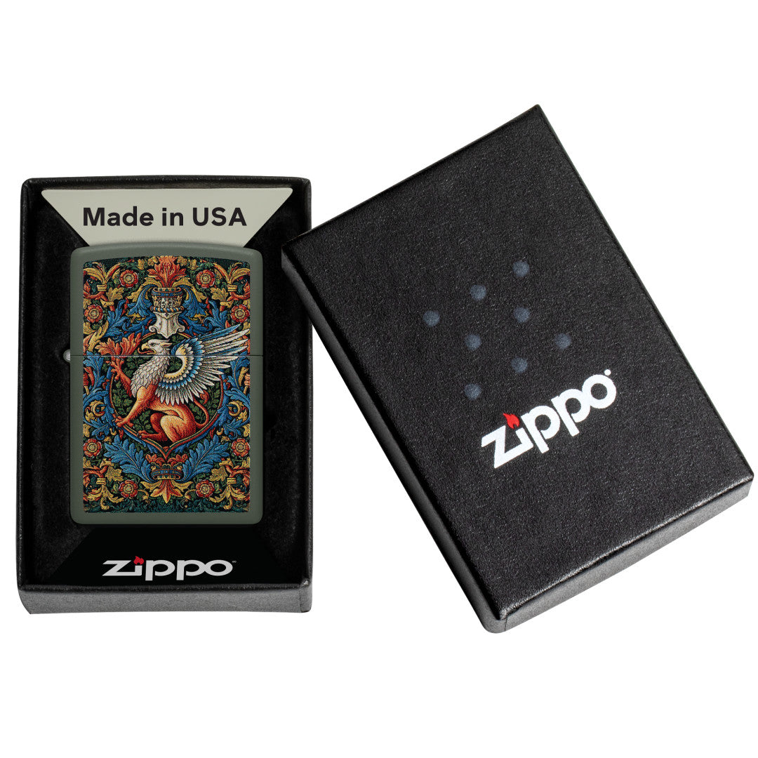 Zippo Gryphon Design Green Matte Windproof Lighter in its packaging.