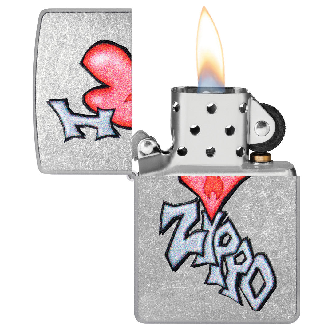 Zippo I Love Zippo Design Street Chrome Windproof Lighter with its lid open and lit.