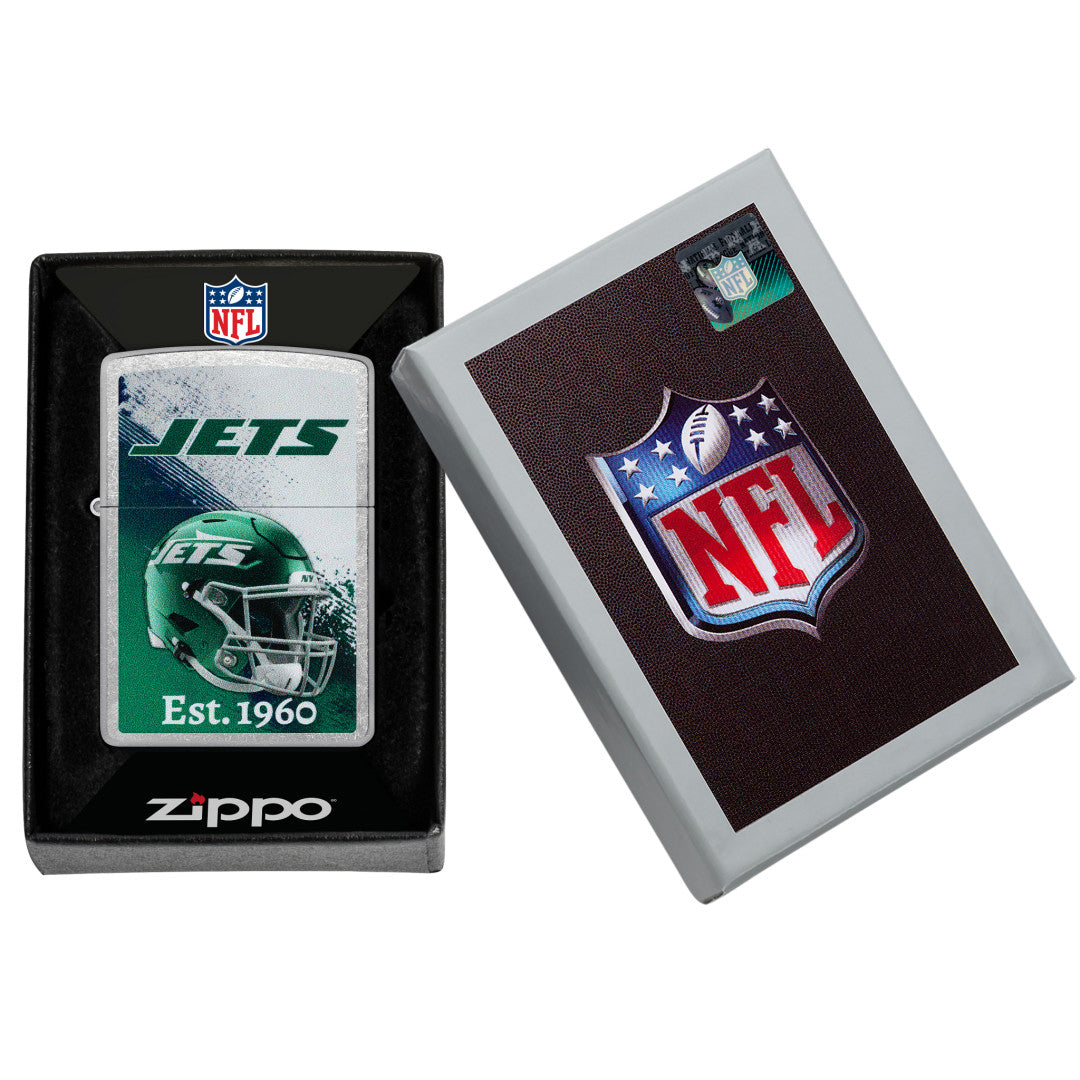 Zippo NFL New York Jets Helmet Design Street Chrome Windproof Lighter in its packaging.