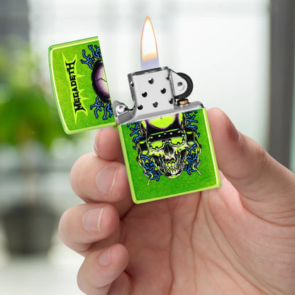 Zippo Megadeth Vic Rattlehead Design Classic Lurid Windproof Lighter lit in hand.