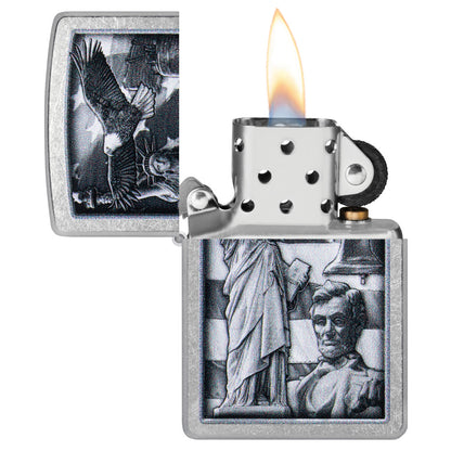 Zippo American Icons Design Street Chrome Windproof Lighter with its lid open and lit.