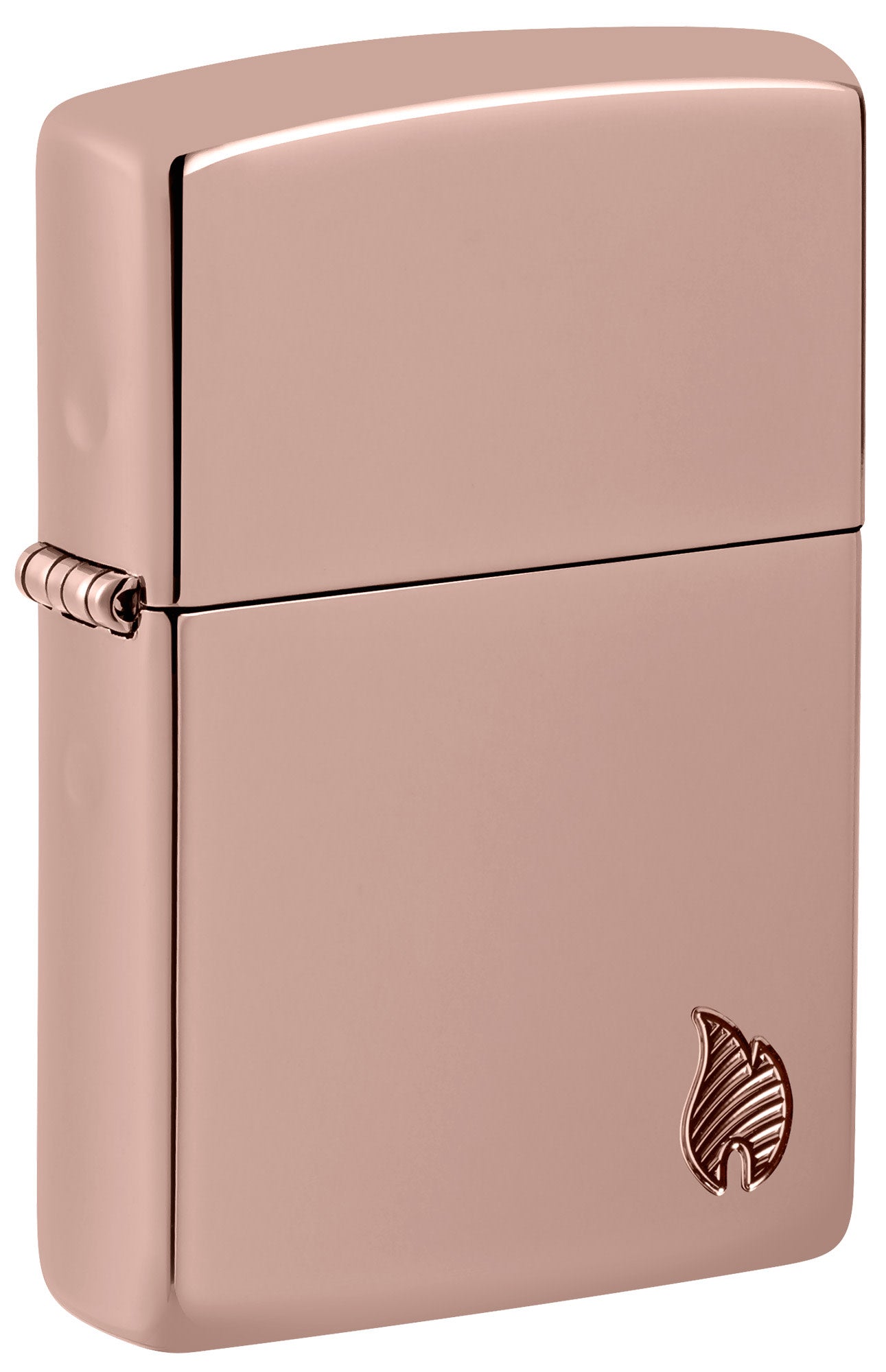 Front shot of Zippo Armor® Series Flame High Polish Rose Gold Windproof Lighter standing at a 3/4 angle.