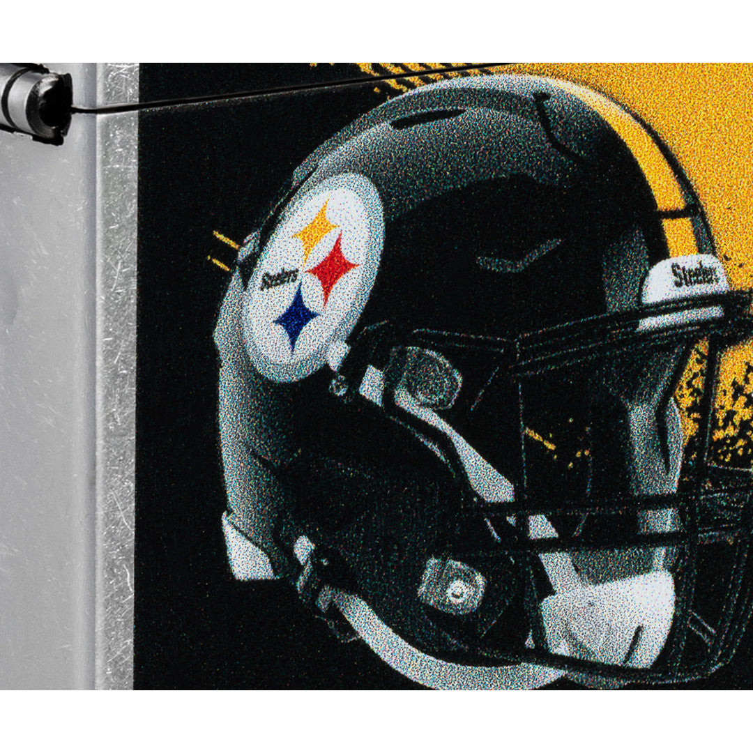 Front view of Zippo NFL Pittsburgh Steelers Helmet Design Street Chrome Windproof Lighter close up to show the detail of the lighter.