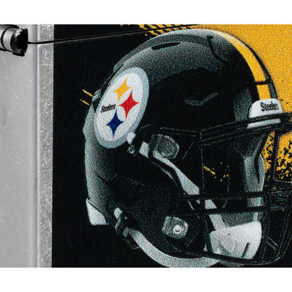 Front view of Zippo NFL Pittsburgh Steelers Helmet Design Street Chrome Windproof Lighter close up to show the detail of the lighter.
