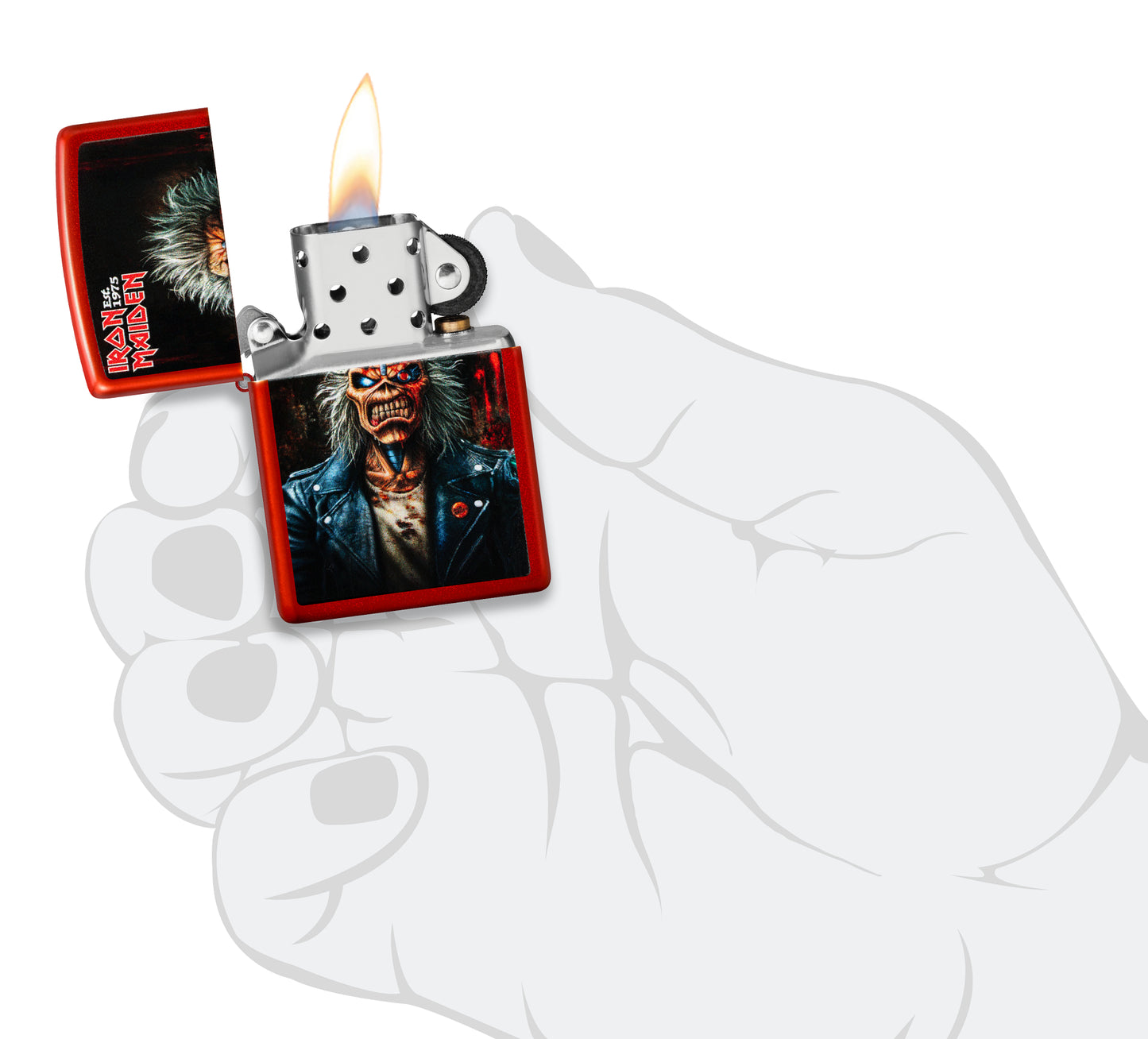 Zippo Iron Maiden 50th Metallic Red Windproof Lighter lit in hand.