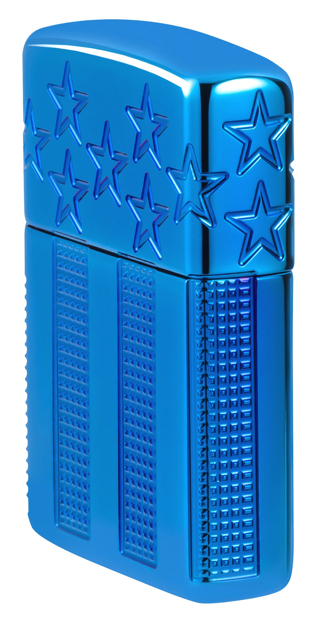 Angled shot of  Zippo Stars and Stripes Design Armor® High Polish Blue Windproof Lighter showing the front and non-hinge side of the lighter.
