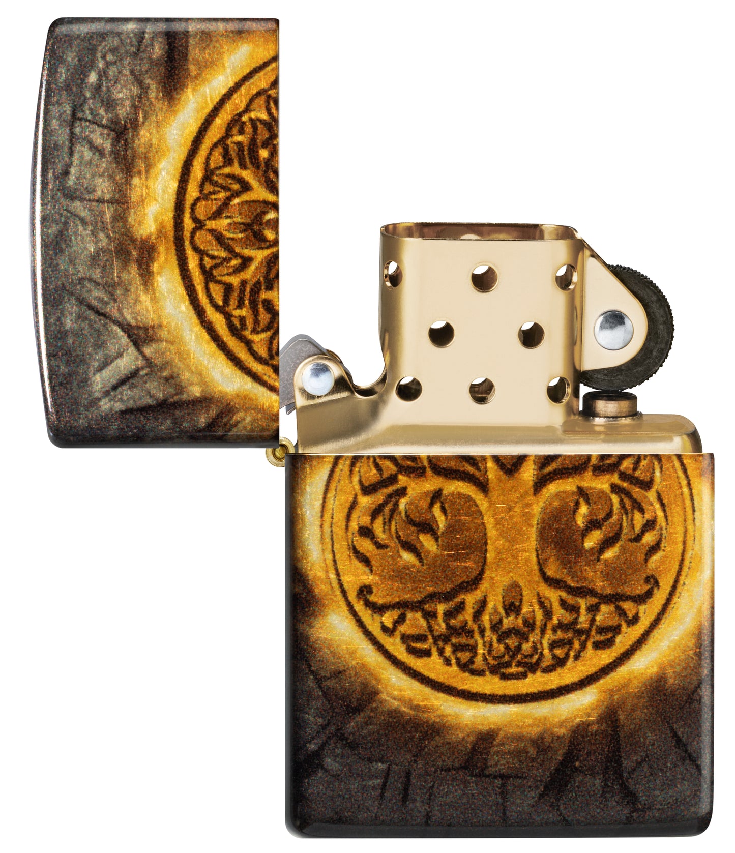 Zippo Gleaming Tree of Life Design 540 Tumbled Brass Windproof Lighter with its lid open and unlit.