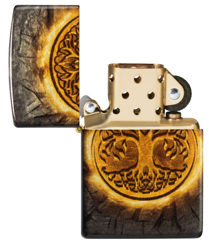 Zippo Gleaming Tree of Life Design 540 Tumbled Brass Windproof Lighter with its lid open and unlit.