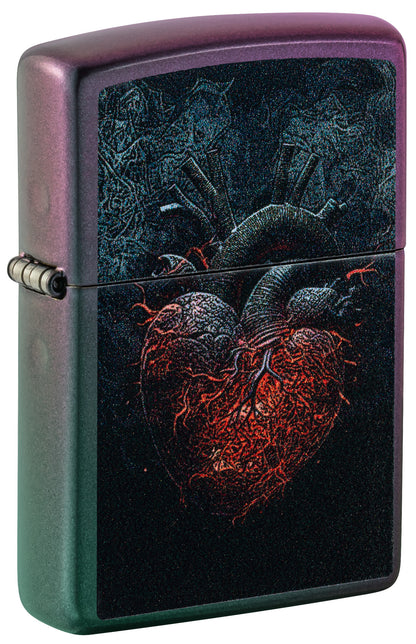 Front shot of Zippo Dark Heart Design Iridescent Windproof Lighter standing at a 3/4 angle.