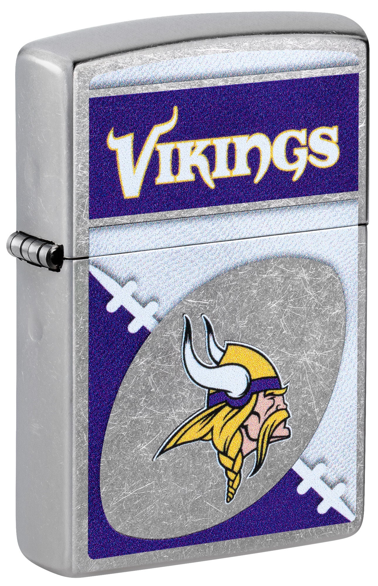 Front shot of Zippo NFL Minnesota Vikings Street Chrome Windproof Lighter standing at a 3/4 angle.