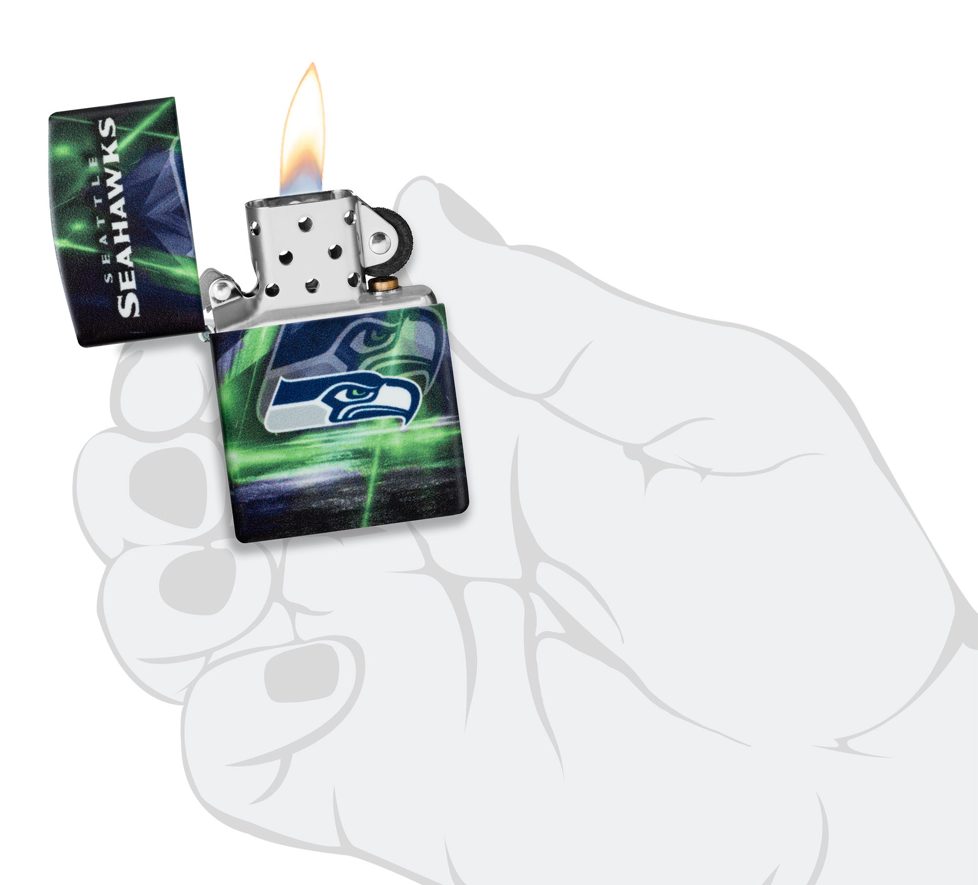 Zippo NFL Seattle Seahawks 540 Matte Windproof Lighter lit in hand.